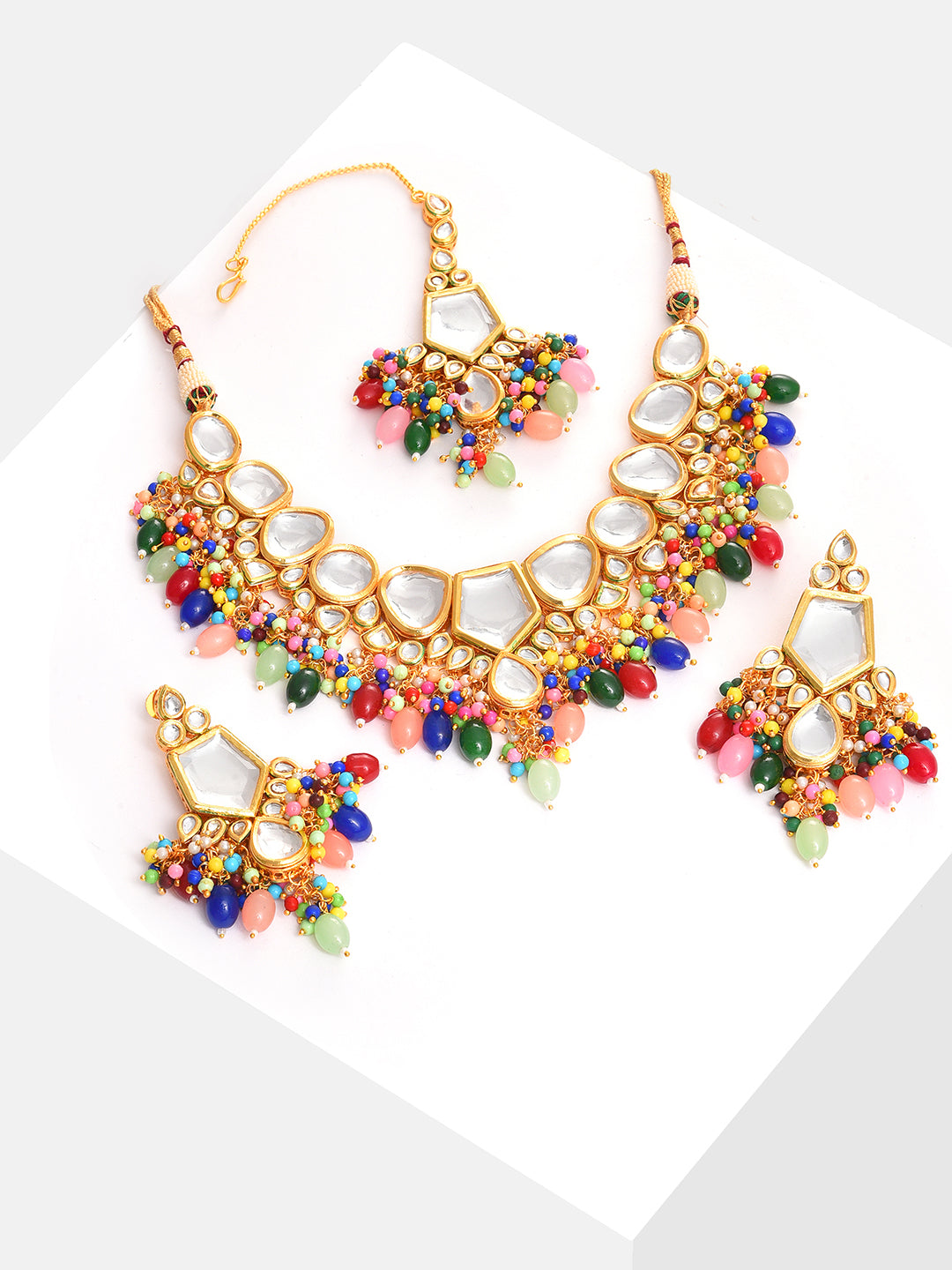 Gold Plated Kundan Beaded Necklace, Earrings and Maang Tikka Set