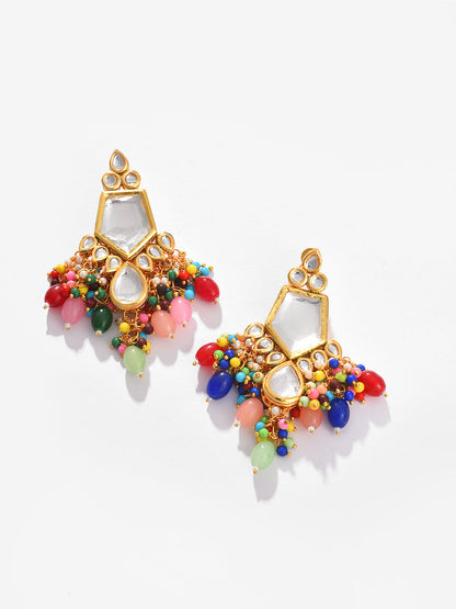 Gold Plated Kundan Beaded Necklace, Earrings and Maang Tikka Set