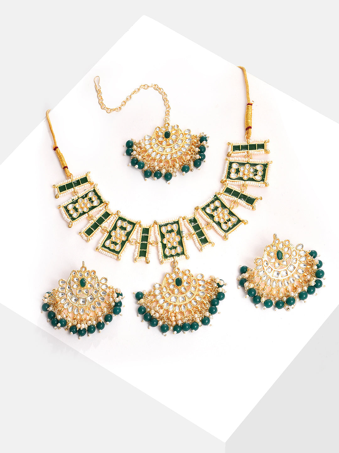 Gold Plated Designer Stone Beaded Necklace, Earrings and Maang Tikka Set