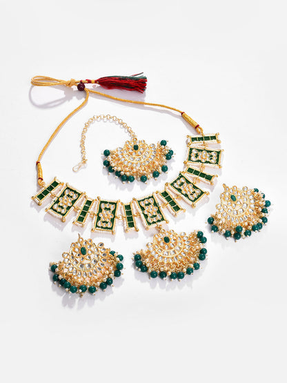 Gold Plated Designer Stone Beaded Necklace, Earrings and Maang Tikka Set