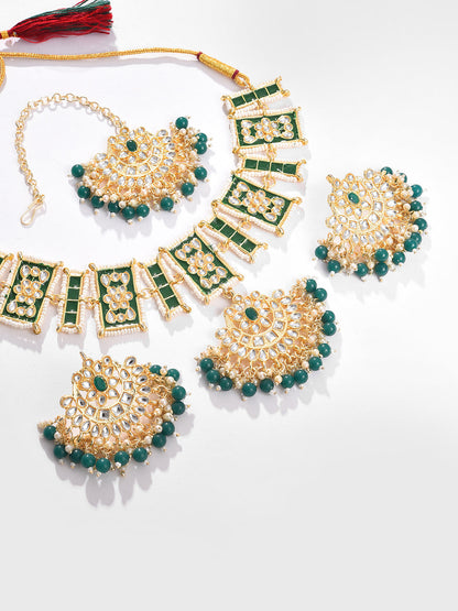 Gold Plated Designer Stone Beaded Necklace, Earrings and Maang Tikka Set