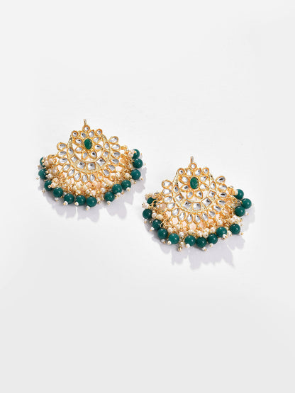 Gold Plated Designer Stone Beaded Necklace, Earrings and Maang Tikka Set