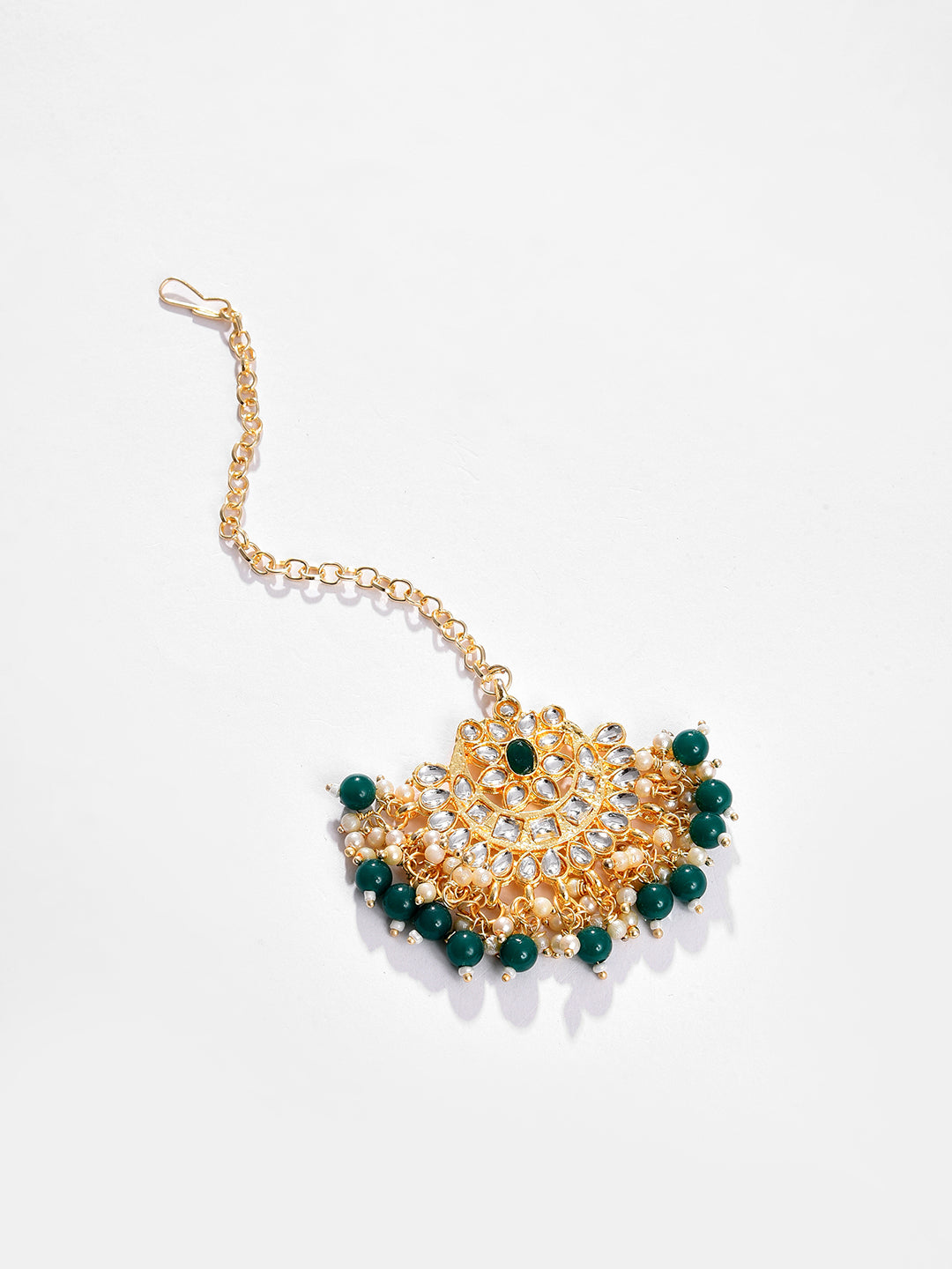Gold Plated Designer Stone Beaded Necklace, Earrings and Maang Tikka Set