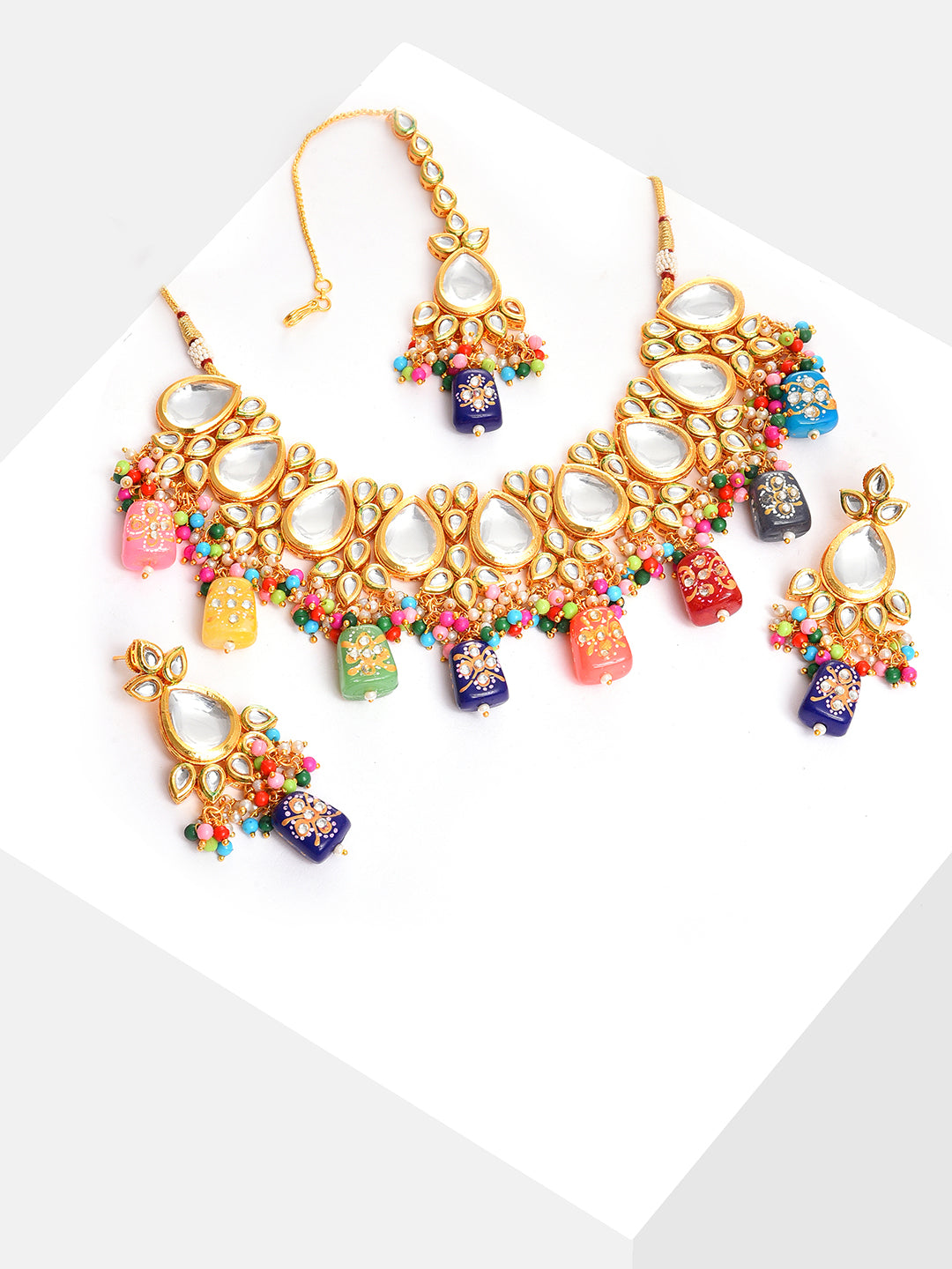 Gold Plated Kundan Beaded Necklace, Earrings and Maang Tikka Set