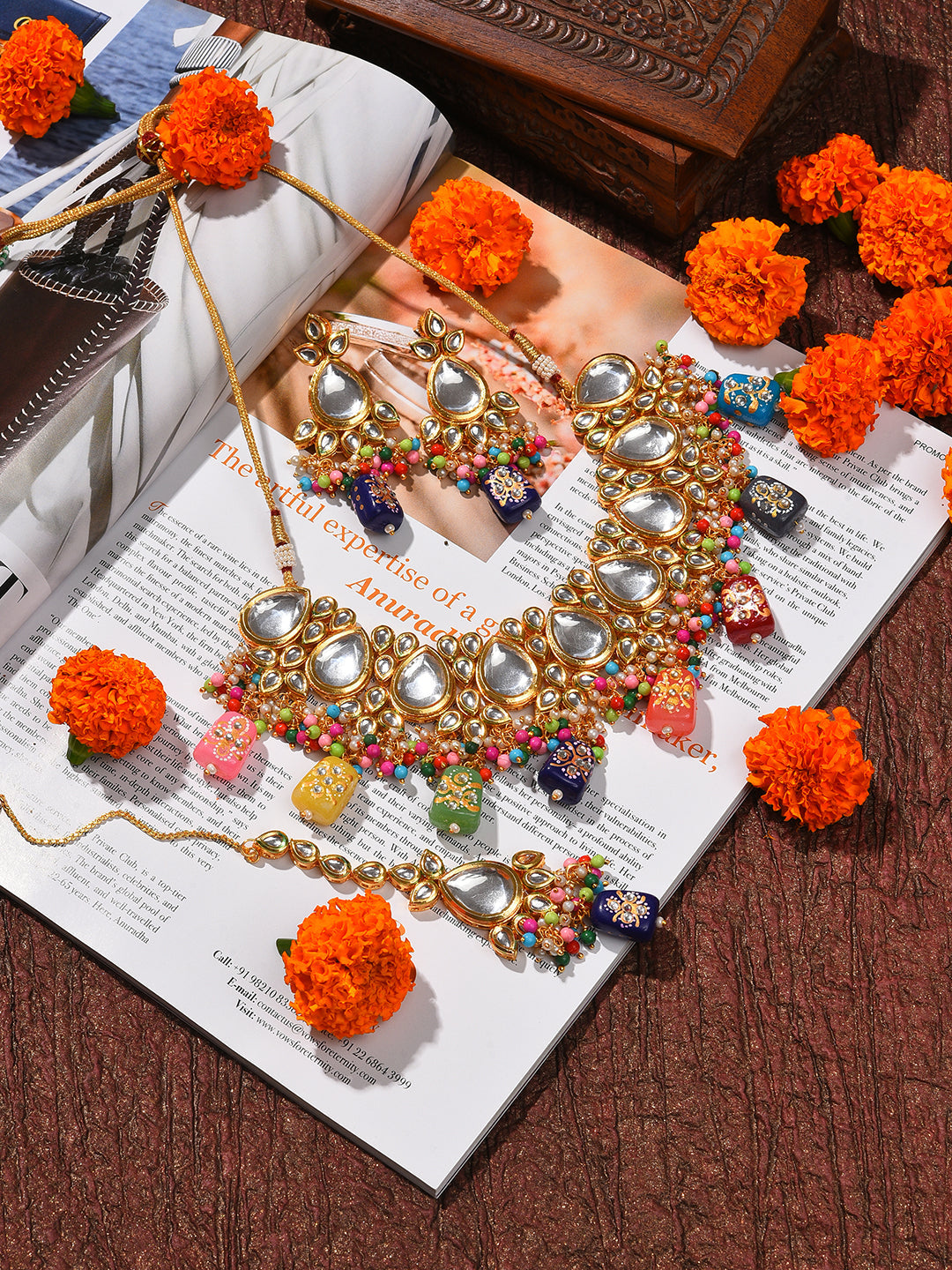Gold Plated Kundan Beaded Necklace, Earrings and Maang Tikka Set