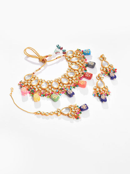 Gold Plated Kundan Beaded Necklace, Earrings and Maang Tikka Set