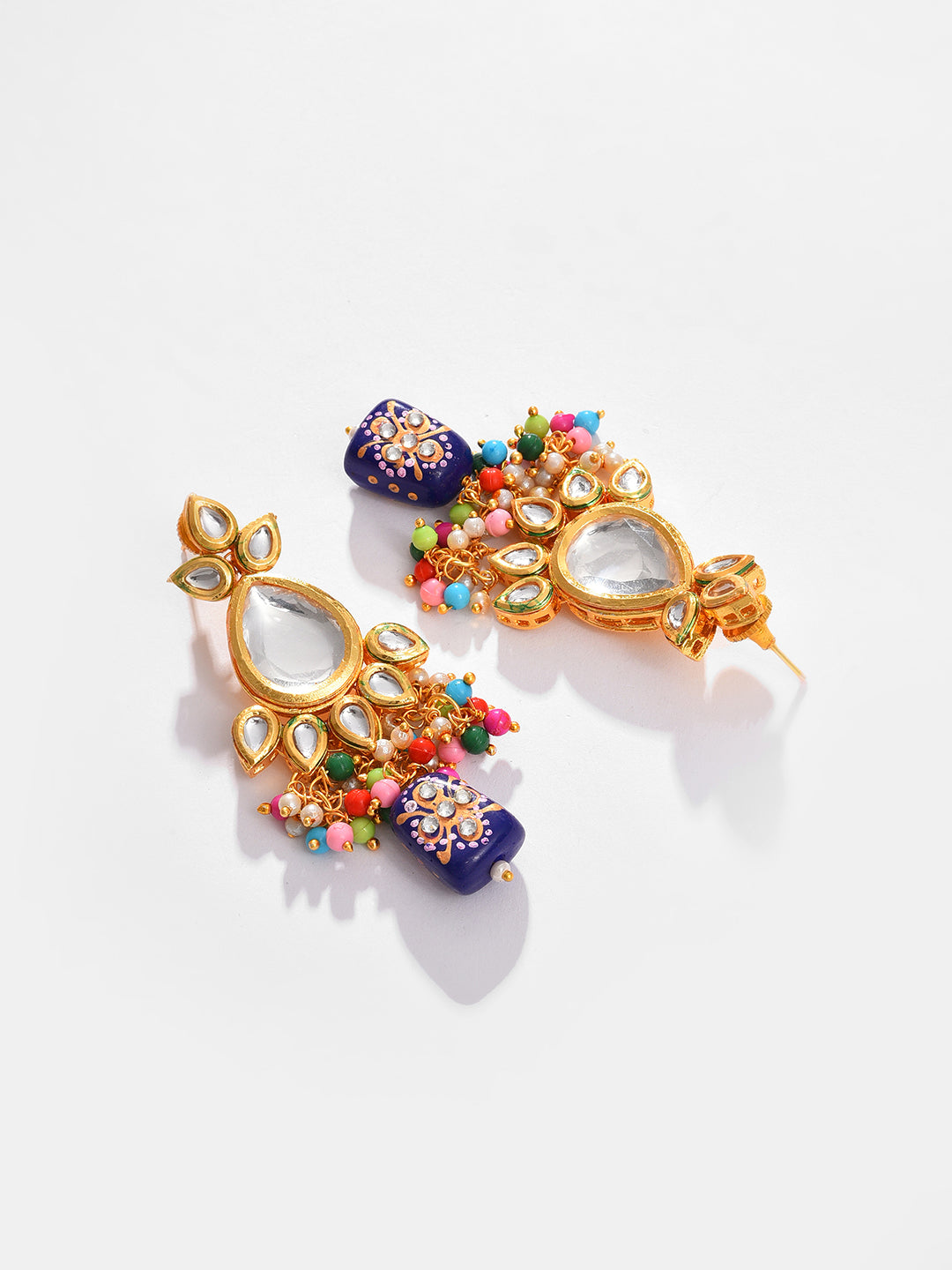 Gold Plated Kundan Beaded Necklace, Earrings and Maang Tikka Set