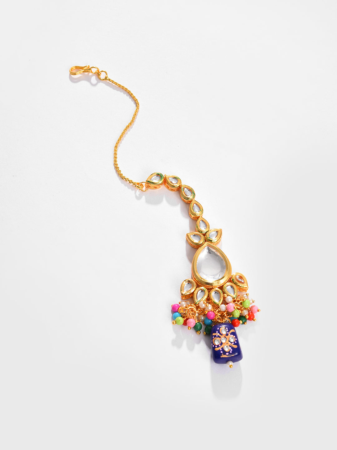 Gold Plated Kundan Beaded Necklace, Earrings and Maang Tikka Set