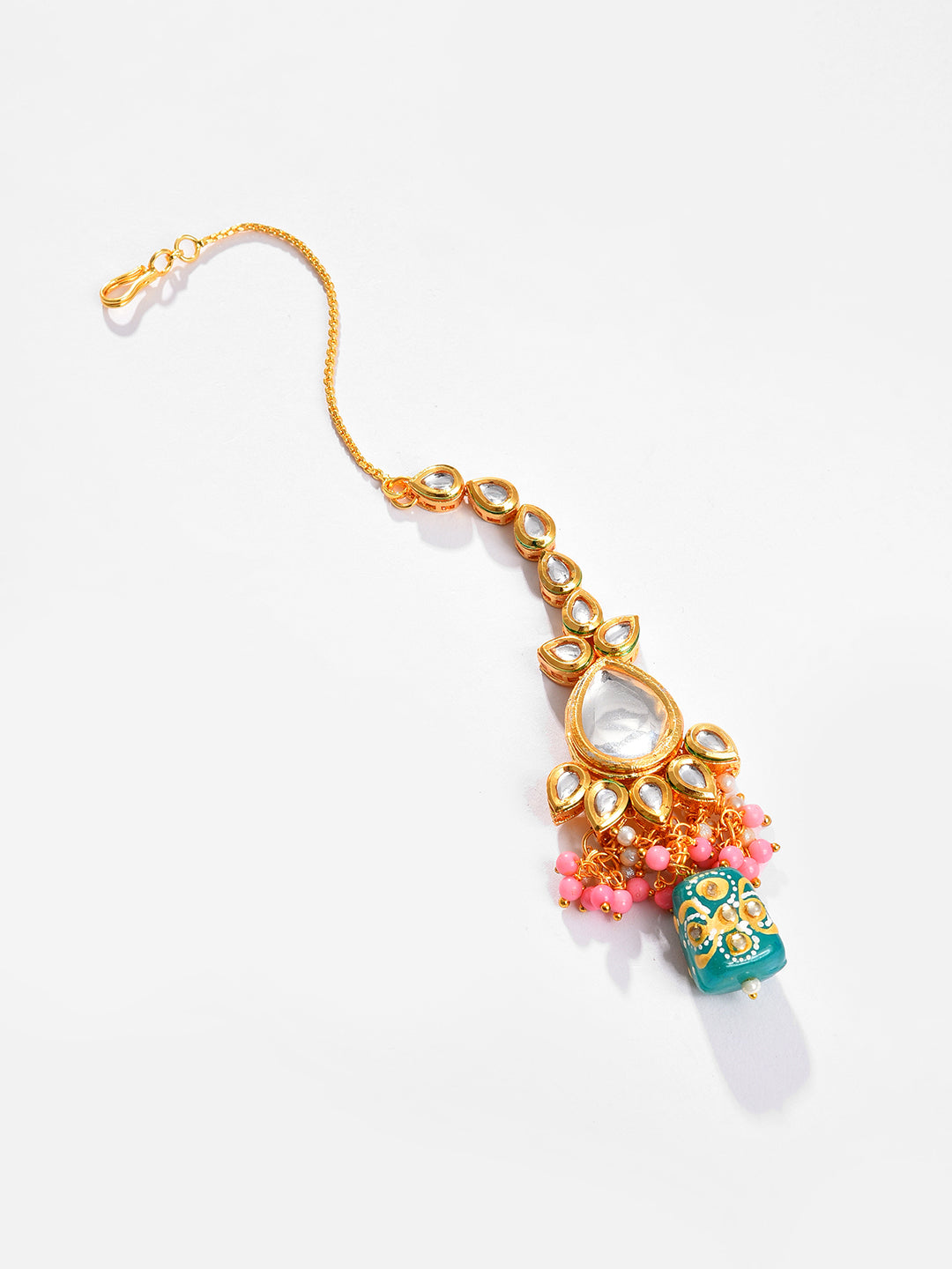 Gold Plated Kundan Beaded Necklace, Earrings and Maang Tikka Set