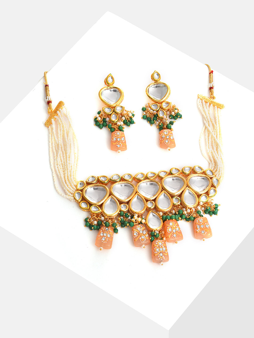Gold Plated Kundan Beaded Necklace and Earring Set