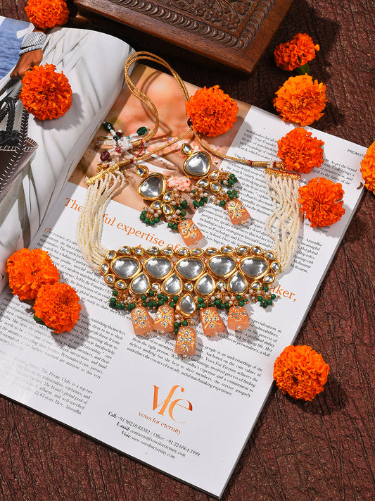 Gold Plated Kundan Beaded Necklace and Earring Set