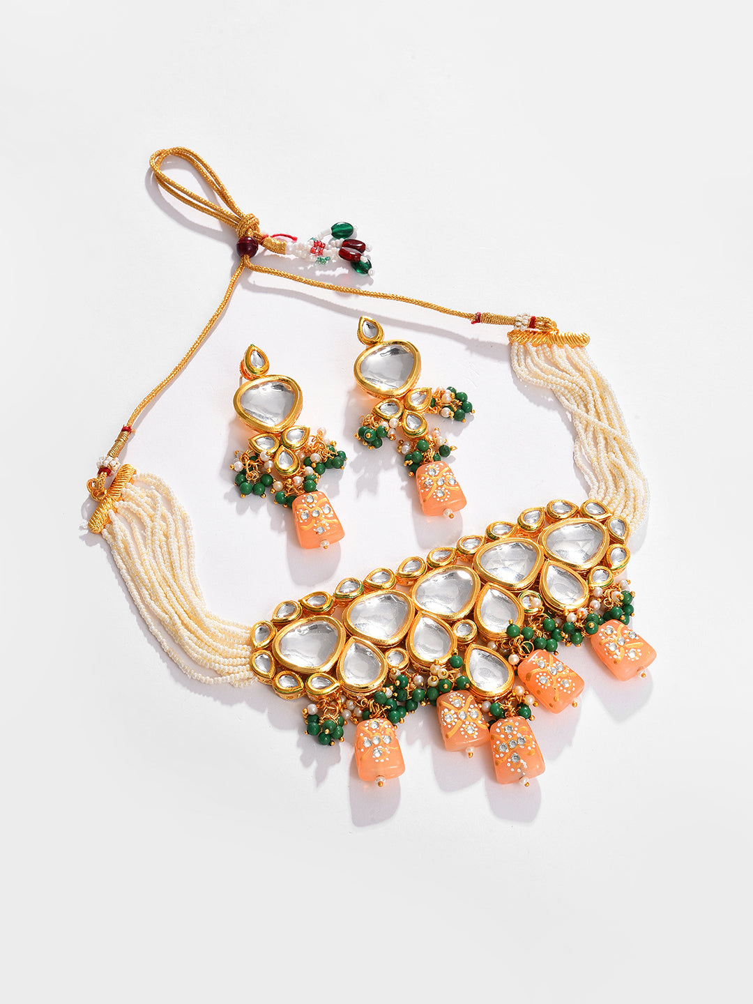 Gold Plated Kundan Beaded Necklace and Earring Set