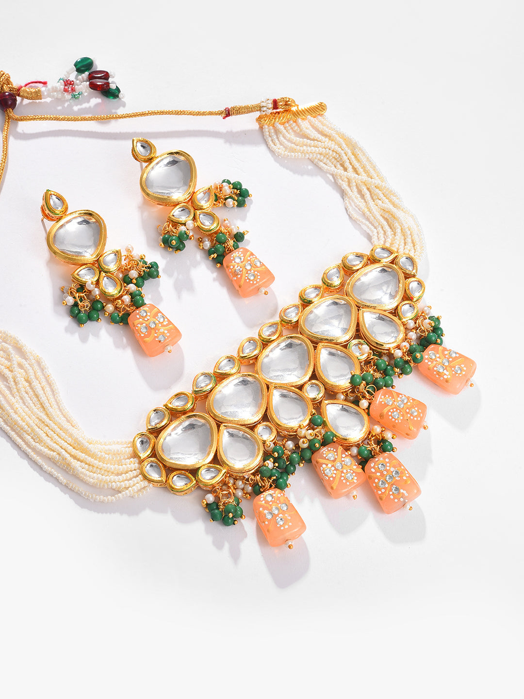 Gold Plated Kundan Beaded Necklace and Earring Set