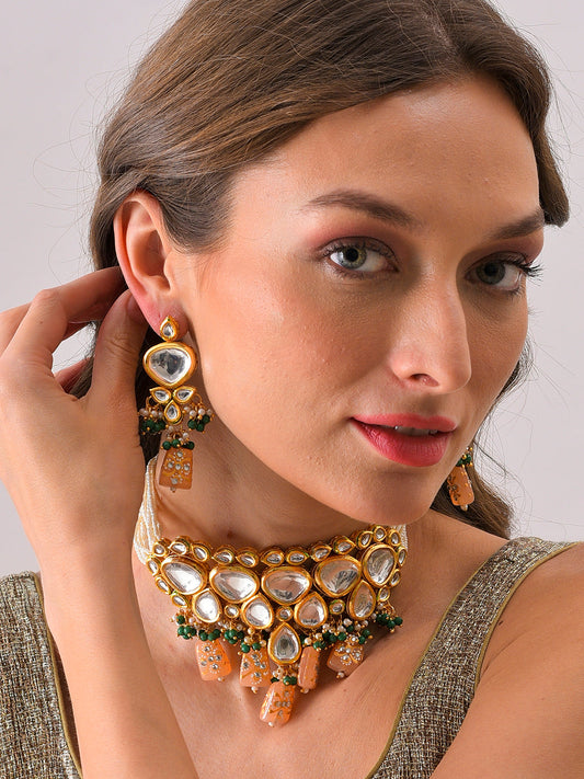 Gold Plated Kundan Beaded Necklace and Earring Set