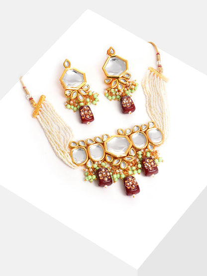 Gold Plated Kundan Beaded Necklace and Earring Set