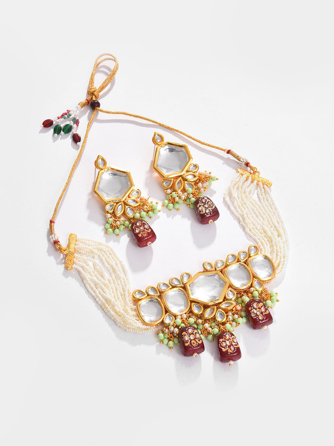 Gold Plated Kundan Beaded Necklace and Earring Set