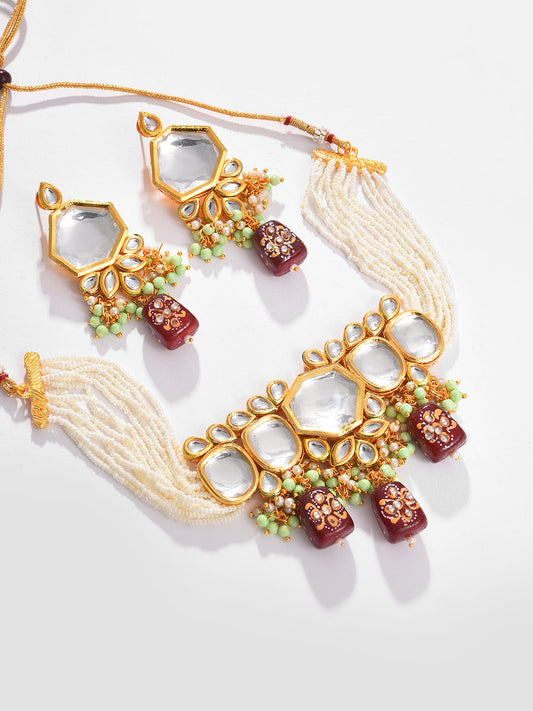 Gold Plated Kundan Beaded Necklace and Earring Set