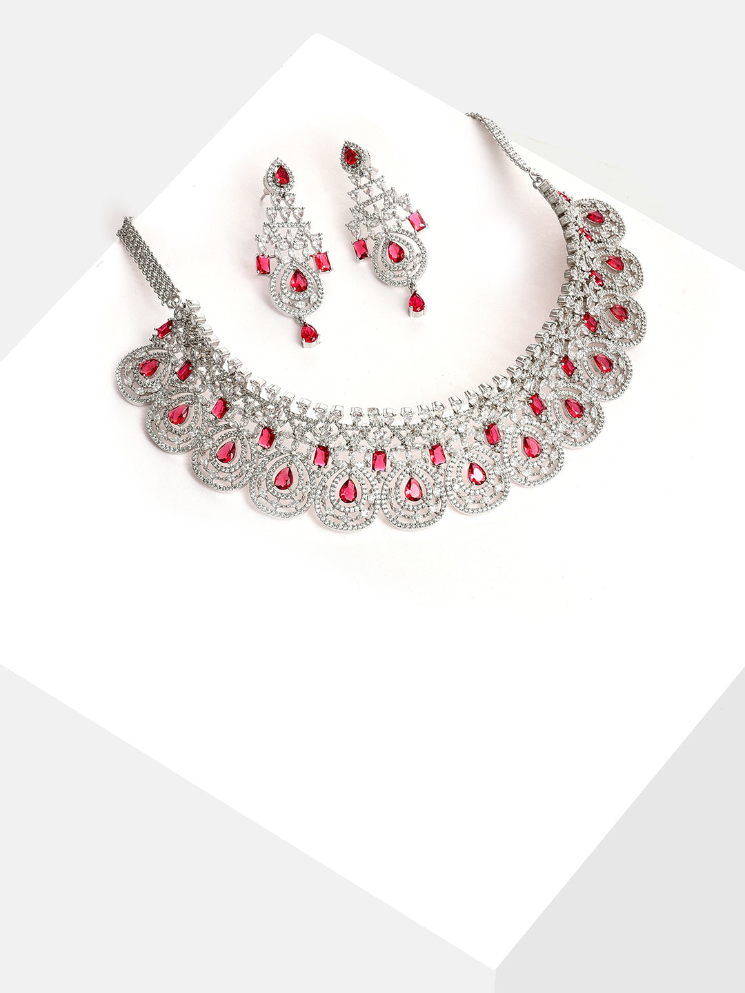 Silver Plated Designer Stone Necklace and Earring Set