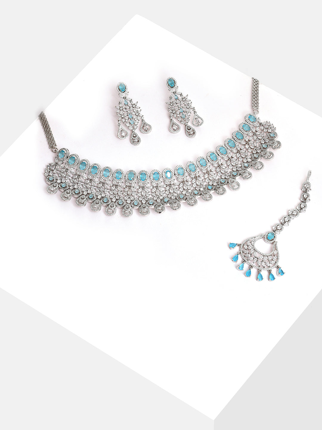 Silver Plated Designer Stone Necklace, Earrings and Maang Tikka Set