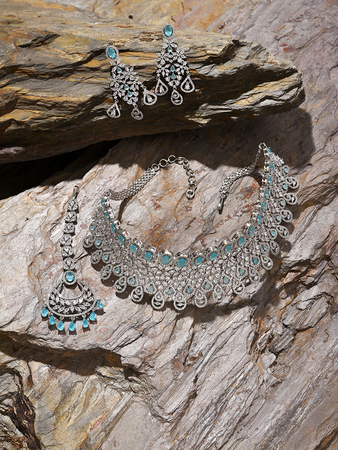 Silver Plated Designer Stone Necklace, Earrings and Maang Tikka Set