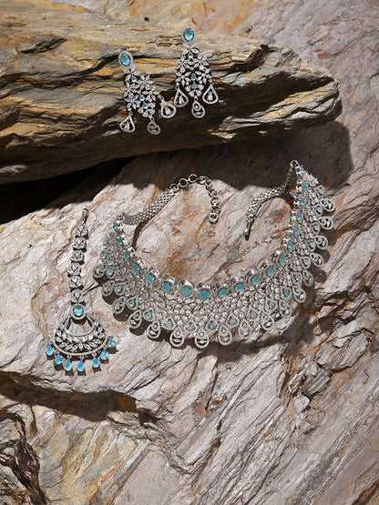 Silver Plated Designer Stone Necklace, Earrings and Maang Tikka Set