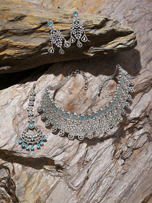Silver Plated Designer Stone Necklace, Earrings and Maang Tikka Set
