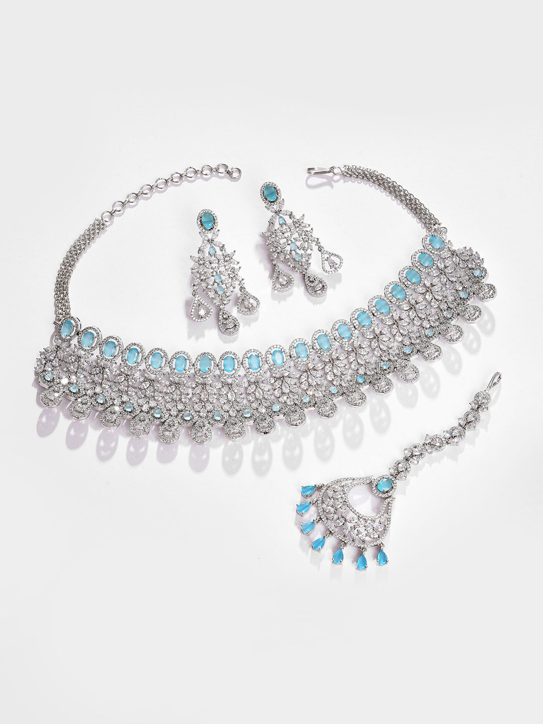 Silver Plated Designer Stone Necklace, Earrings and Maang Tikka Set