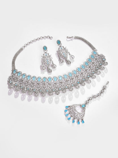 Silver Plated Designer Stone Necklace, Earrings and Maang Tikka Set