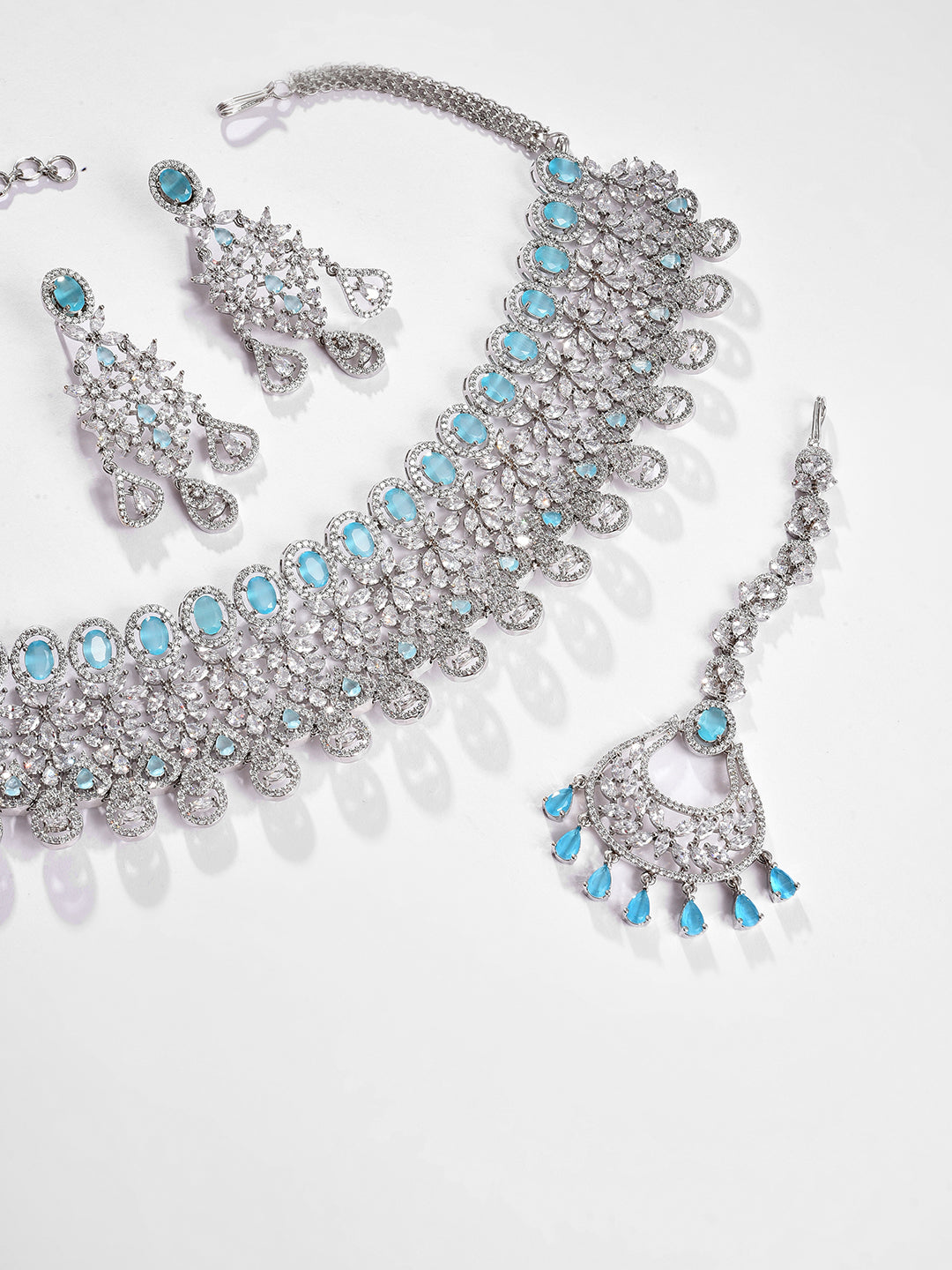 Silver Plated Designer Stone Necklace, Earrings and Maang Tikka Set