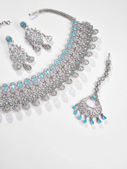Silver Plated Designer Stone Necklace, Earrings and Maang Tikka Set