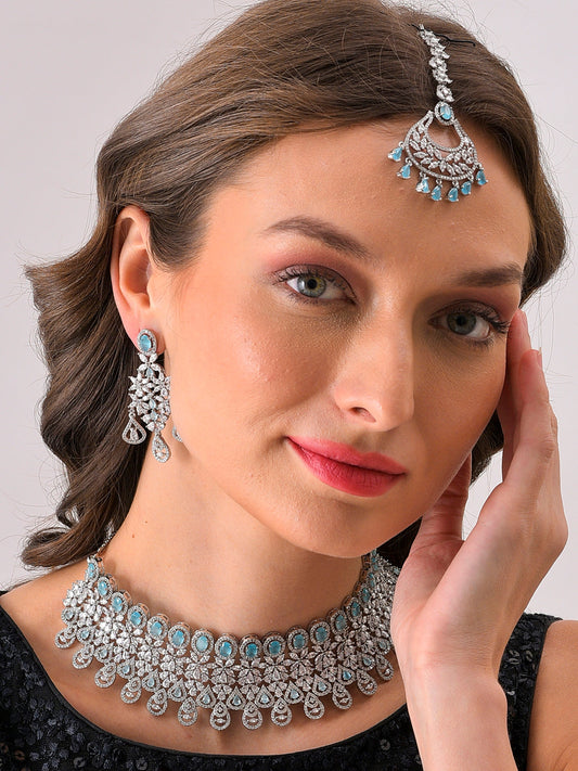 Silver Plated Designer Stone Necklace, Earrings and Maang Tikka Set