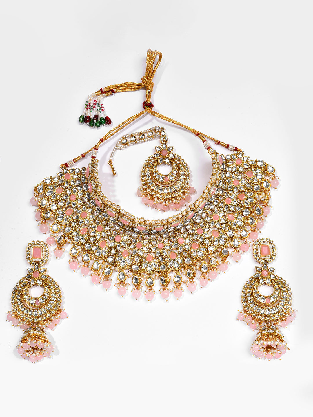 Gold Plated Designer Stone Beaded Necklace, Earrings and Maang Tikka Set