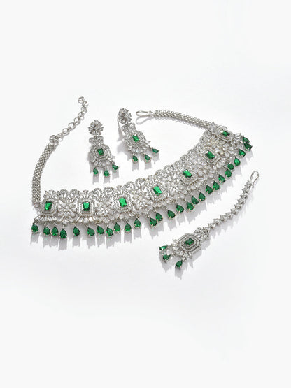 Silver Plated Designer Stone Necklace, Earrings and Maang Tikka Set Jewellery Set