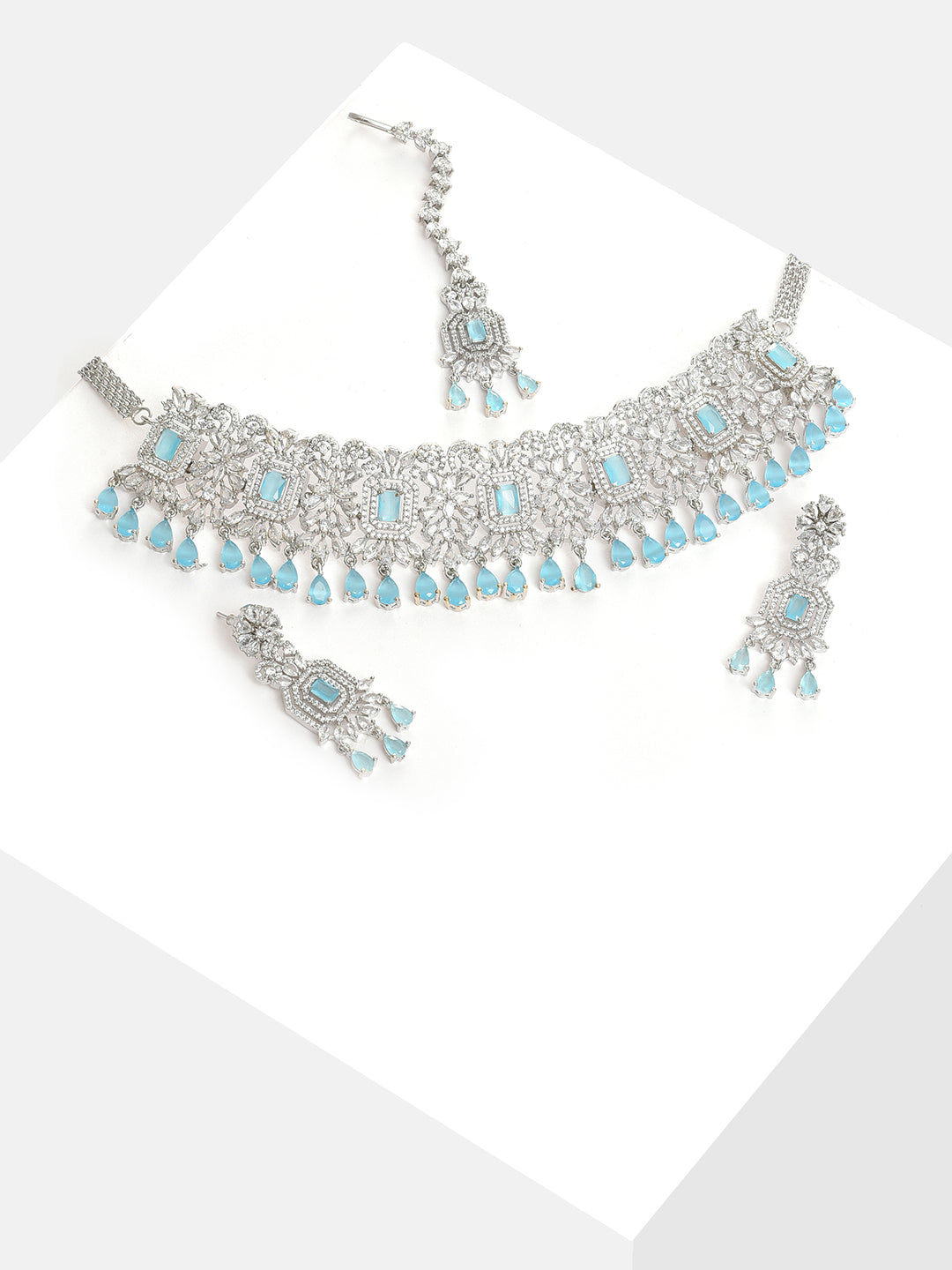 Silver Plated Designer Stone Necklace, Earrings and Maang Tikka Set Jewellery Set