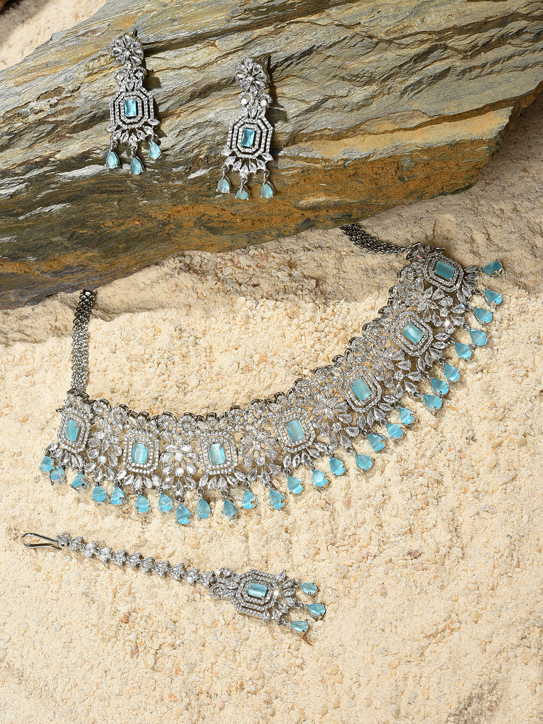 Silver Plated Designer Stone Necklace, Earrings and Maang Tikka Set Jewellery Set
