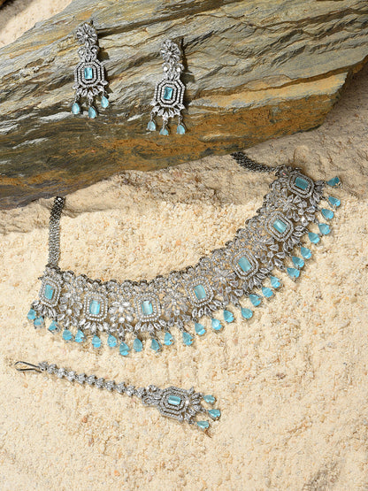 Silver Plated Designer Stone Necklace, Earrings and Maang Tikka Set Jewellery Set