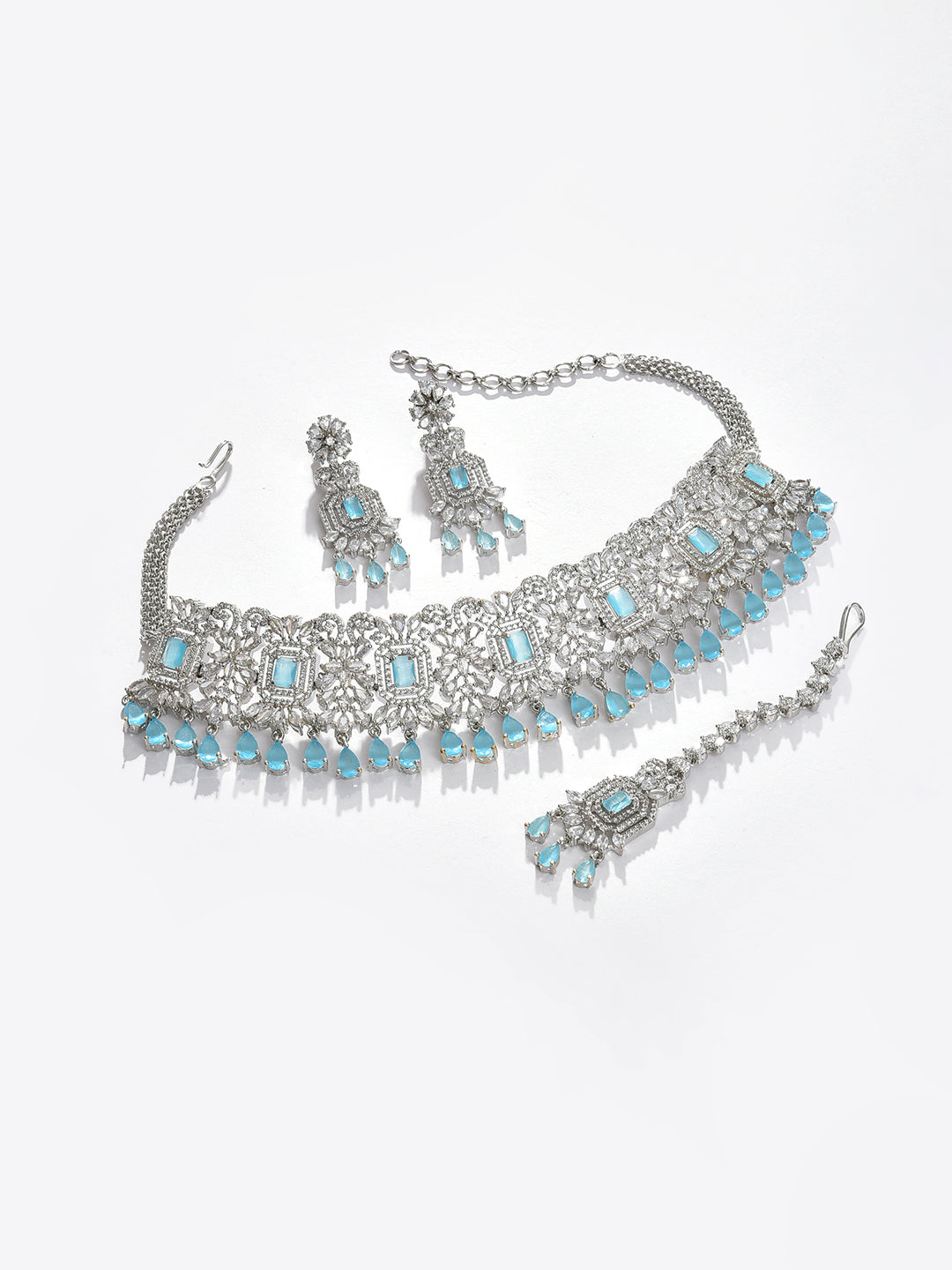Silver Plated Designer Stone Necklace, Earrings and Maang Tikka Set Jewellery Set