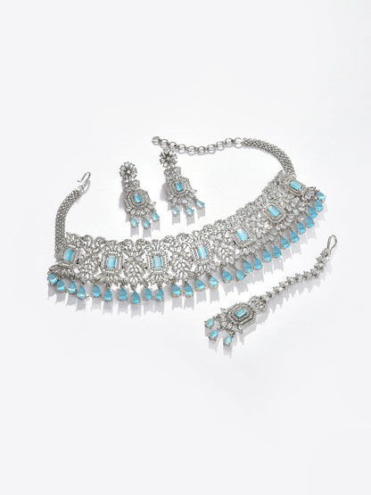 Silver Plated Designer Stone Necklace, Earrings and Maang Tikka Set Jewellery Set