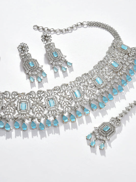 Silver Plated Designer Stone Necklace, Earrings and Maang Tikka Set Jewellery Set
