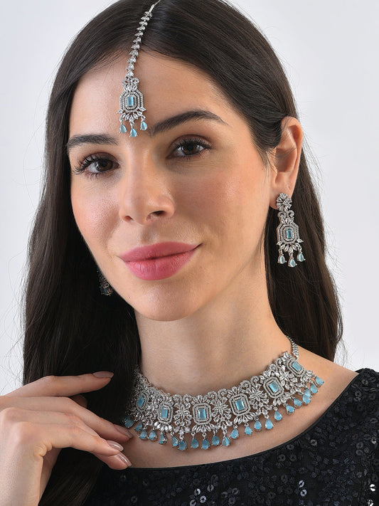 Silver Plated Designer Stone Necklace, Earrings and Maang Tikka Set Jewellery Set