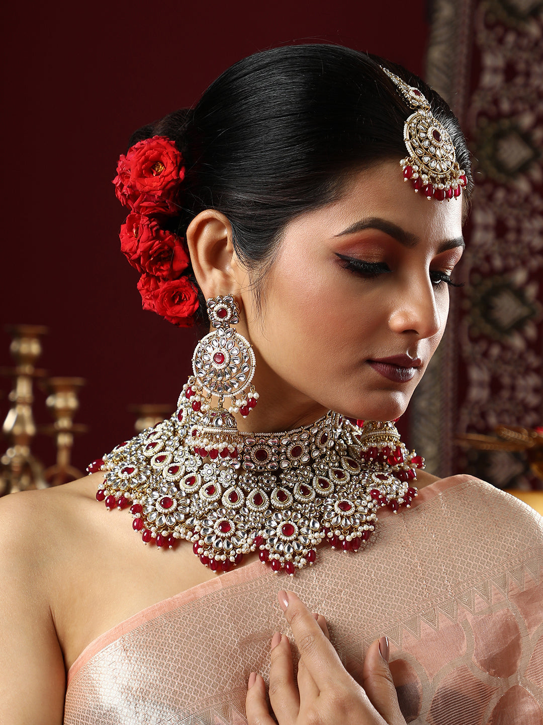 The Mehrunissa Jewellery Set - Ruby Red-SOHNCK2207
