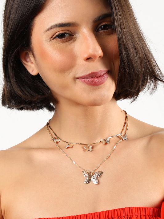 WOMEN GOLD PLATED BUTTERFLY LAYERED NECKLACE