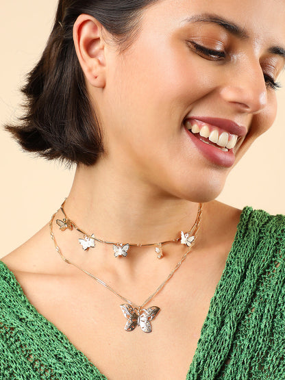 WOMEN GOLD PLATED BUTTERFLY LAYERED NECKLACE