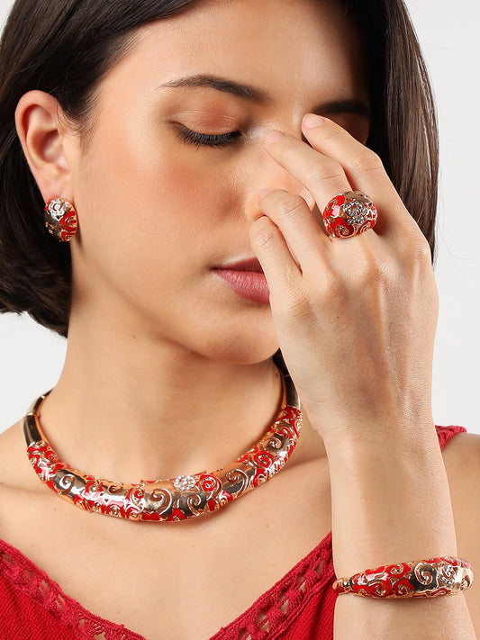 RED ENAMEL GOLD PLATED JEWELLERY SET