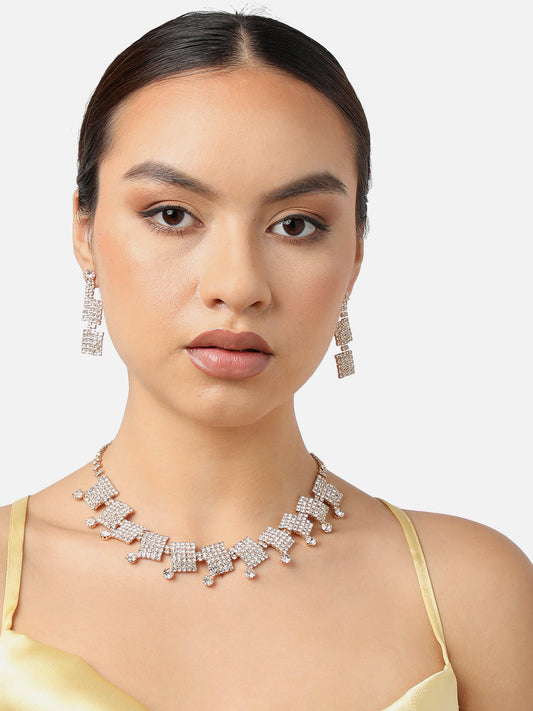 GOLD PLATED PARTY DESIGNER STONE NECKLACE AND EARRING SET FOR WOMEN