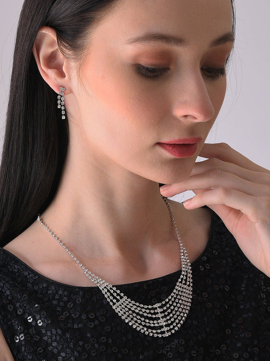 Silver Plated Designer Stone Necklace and Earring Set