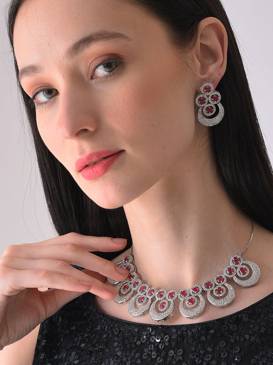 Silver Plated Designer Stone Necklace and Earring Set