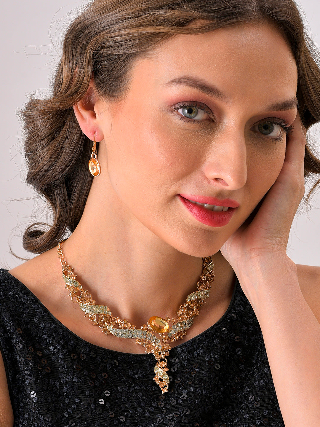 Gold Plated Designer Stone Necklace and Earring Set