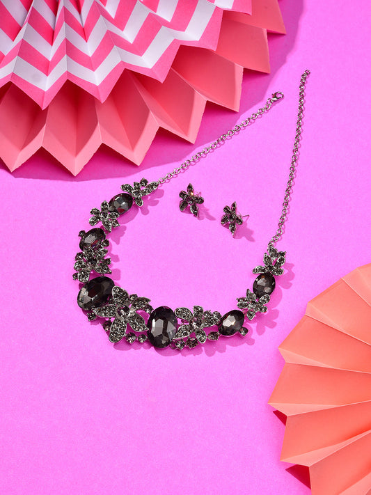 Silver Plated Designer Stone Necklace and Earring Set