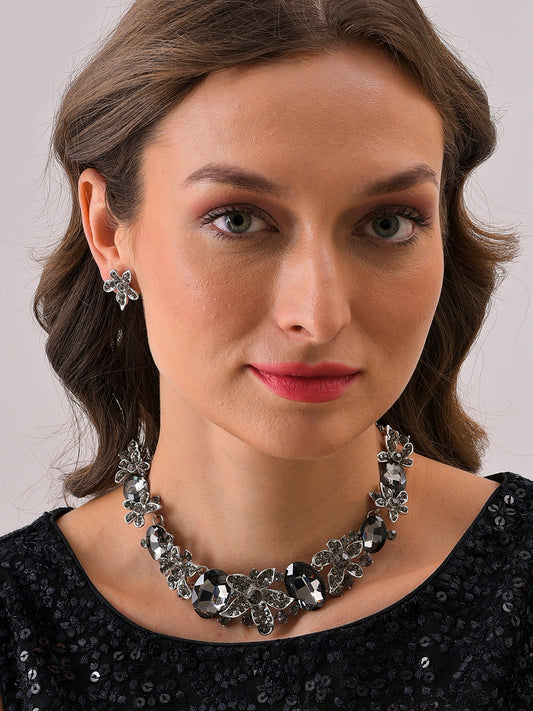Silver Plated Designer Stone Necklace and Earring Set